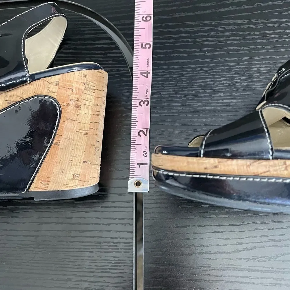 Fitzwell Navy Patent Leather and Cork Platform Wedge Strap Sandals, 9 1/2